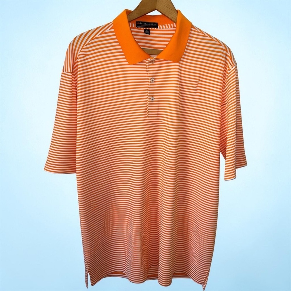 Peter Millar Summer Comfort Orange White Striped Bear Lakes Golf Polo Mens XL